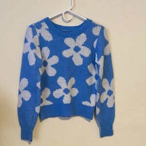 Blue Floral Knit Sweater - Women's Crewneck